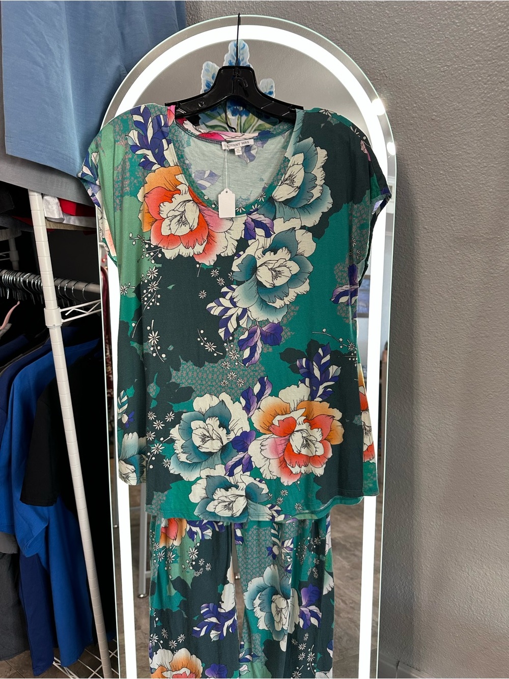 Johnny Was Teal & Green Floral V-Neck Lounge Set